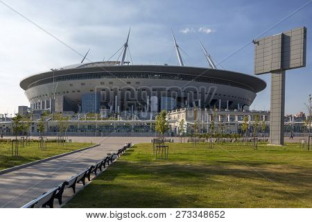 St. Petersburg, Russia - August 10, 2018: Gazprom Arena New Sports Stadium In St. Petersburg