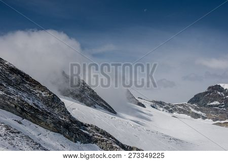 View Of Seewjinengletscher Glacier In Monte Rosa Massif. Schwarzberghorn Mount At Background. Switze