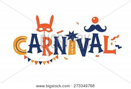 Carnival Vector Emblem, Sign  With Clowns, Garland Illustration In Cartoon Style On White Background