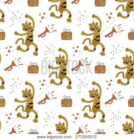 Seamless Pattern With Dancing Monkey, Gift Box And Pipe. Vector Illustration. For Packaging Design, 