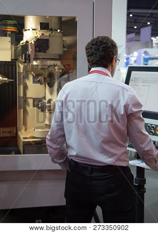 Industrial Technician Input Data Programing For Five Axis Cnc Grinding Machine