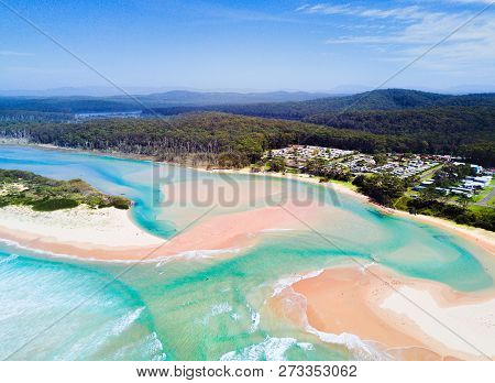 Idyllic Aerial Views Off The Coast Of Durras Showing The Beaches And Inlet With Tidal Flows And Sand