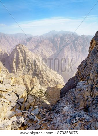 Barren landscape of Hajar mountains in Ras Al Khaimah,UAE