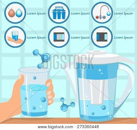 Hand Holding Glass Purified Water. Aqua For Life. Destruction Bacteria. Home Water Filtration. House