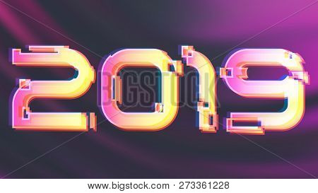 Gitched Shining 2019 Numerals Inscription New Year Vector Background.  Holiday Template Cover