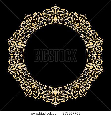Vintage Round Frame In Retro Style, Barroco. Flower Decorative Gold Ornament, Element For Greeting C