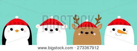 White Polar Bear Snowman Raindeer Deer Penguin Bird Face Head Icon Set. New Year. Merry Christmas. C