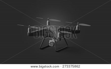 Blank Black Drone Mockup, Stand Isolated On Dark Background, 3d Rendering. Empty Fly Airplane Mock U