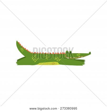 Friendly Crocodile Lying Sprawled On The Floor, Funny Predator Cartoon Character Vector Illustration