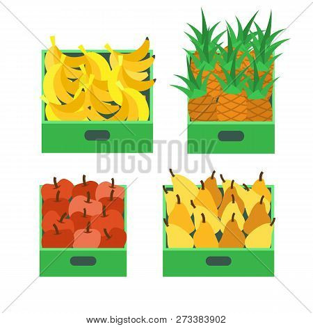 Banana Tropical Fruit And Pineapple Set Vector. Ripe Pears And Apples, Food In Containers Boxes For 