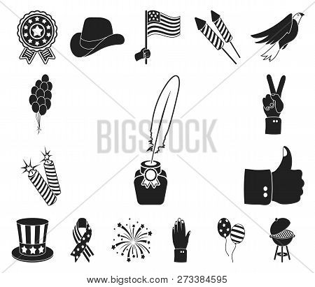 Day Of Patriot, Holiday Black Icons In Set Collection For Design. American Tradition Vector Symbol S