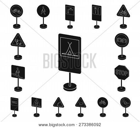 Different Types Of Road Signs Black Icons In Set Collection For Design. Warning And Prohibition Sign