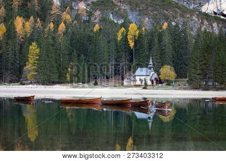 Amazing view of Lago di Braies (Pragser Wildsee), one of the most beautiful lake in South Tirol, Dolomites mountains, Italy. Popular tourist attraction.