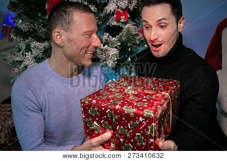 Surprised Male Gay Couple Exchanging Christmas Gift In Front Of Tree