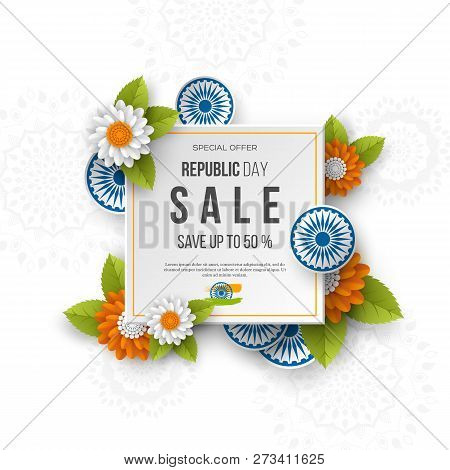Indian Republic Day Sale Square Banner. 3d Wheels With Flowers In Traditional Tricolor Of Indian Fla