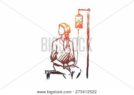 Oncology, Disease Vector Concept. Woman In Headscarf Sitting Under Drip In Hospital. Hand Drawn Sket