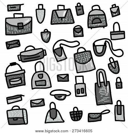 Set Of Bags In Doodle Style. Hand Drawn Woman Accessories With Texture. Vector  Illustration.