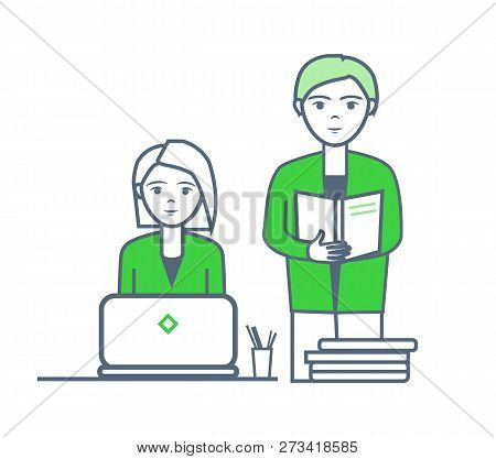 Male Reading Documentation And Woman Working By Laptop Vector. Collaboration Of People Workers With 