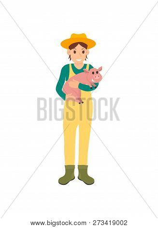 Farmer With Pig On Hands Isolated Icon Vector. Woman Wearing Hat And Special Form Protecting From Di