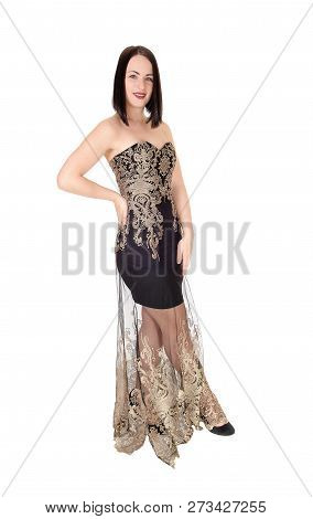 A Lovely Young Woman In A Long Black Dress With Embracery And High
Heels Standing Isolated For White