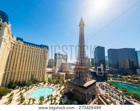 Las Vegas, USA - September 10, 2018: Eiffel tower at Paris casino aerial view from Ballys hotel at sunny morning