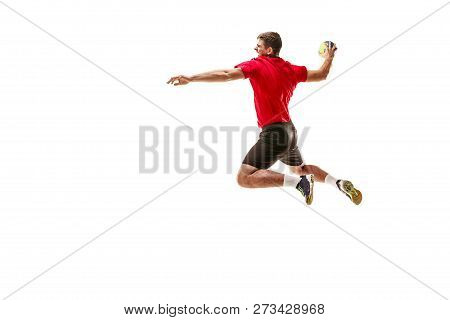 The Fit Caucasian Young Male Handball Player At Studio On White Background. Fit Athlete Isolated On 