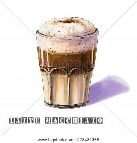 Latte Macchiato Illustration With A Strip Of Strong Coffee In The Middle, Whipped Milk Foam At The T