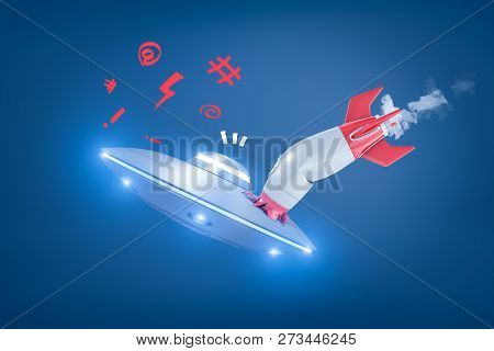 3d Rendering Of A Space Rocket Colliding With A Ufo, Resulting In Rocket Crash And Ufo Remain Unharm