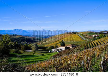 The Piedmontese Langhe In Autumn With Its Vineyards And Its Rolling Hills