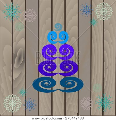 Christmas Tree And Snowflakes On Wooden Background. Vector Drawing Can Be Used For Design Of Postcar
