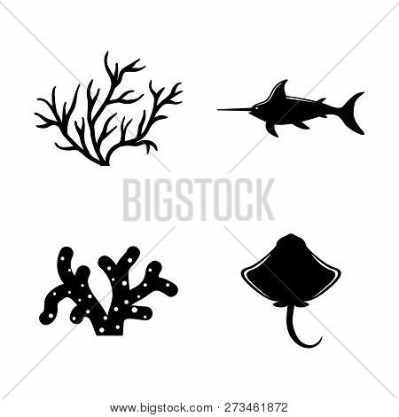 Marine Life, Underwater Inhabitants. Simple Related Vector Icons Set For Video, Mobile Apps, Web Sit