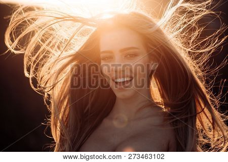 Perfect Hair. Blonde Brunette Long Hair. Happy And Beatiful Woman. Perfect Woman Smiling On Sunny Ba