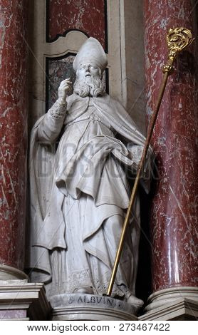 BRESSANONE, ITALY - JULY 14, 2018: Saint Albuinus  statue on the Cassian altar in the Cathedral of Santa Maria Assunta i San Cassiano in Bressanone, Italy