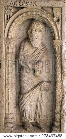 MODENA, ITALY - JUNE 04: Saint Simon the apostle, bass relief by followers of Wiligelmo, Princesâ Gate, Modena Cathedral, Italy on June 04, 2017.