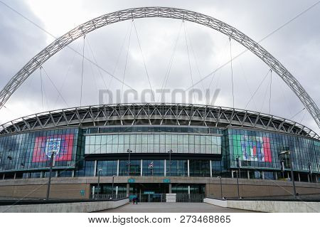 London, Uk - March 8, 2018 : The Screen In Front Of New Wembley Stadium Shows England And Italia Ico