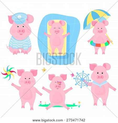 A Set Of Funny Pigs. Piggy Sailor. Pigling With A Swim Ring And An Umbrella From The Sun. Piglet On 