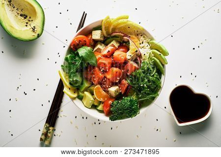Poke Bowl With Salmon Islated On White Background. Top View