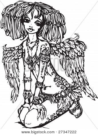 Anjo de menina com tatuagem em seu corpo - ilustração feita no estilo anime