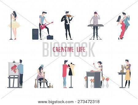 People At Art Job Or Creative Profession, Man And Woman At Entertainment Work. Singer And Musician W