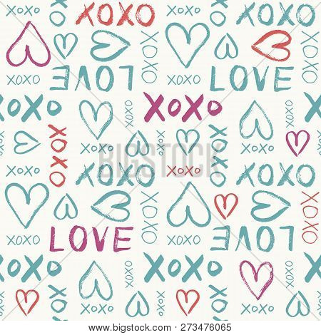 Hand Written Retro Colors Valentines Day Typography Vector Seamless Pattern. Hand Drawn Doodle Heart
