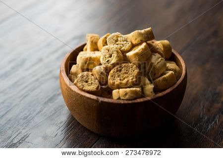 Stack Of Round Shaped Crispy Rye Crouton Bread Biscuits / Crostini
