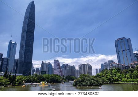 Shenzhen, China.  June 16, 2018.  A Lake Within Lizhi Park In Futian District Of Shenzhen China On A