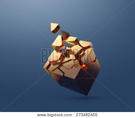 Gold cube is fragmenting while flating in the air. 3D render.