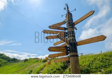 Pointer in the mountains of Switzerland, shows the distance to various cities
