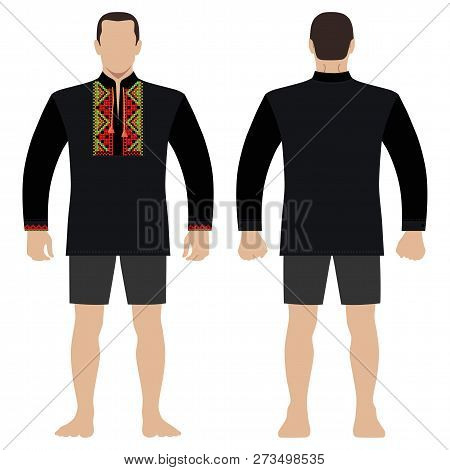 Fashion Man Body Full Length Template Figure Silhouette In Shorts And Slavic Shirt Vyshivanka (front