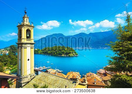 Como Lake, Sala Comacina Bell Tower From Greenway Trail. Italy, Europe.