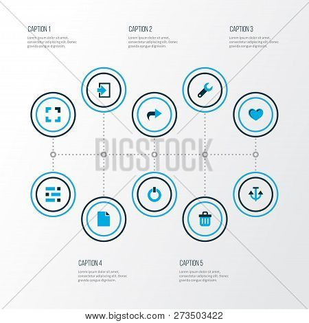 Interface Icons Colored Set With Dashboard, Heart, Trash Can And Other Statistic Elements. Isolated 