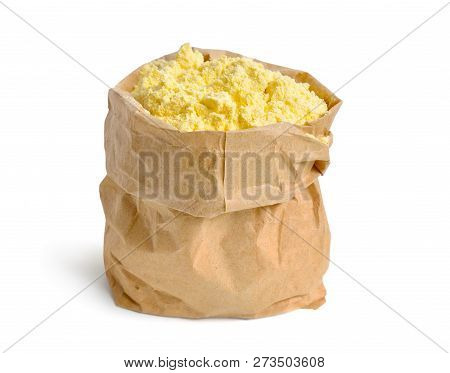 Corn Flour In Papeer Bag. Isolated On White Background