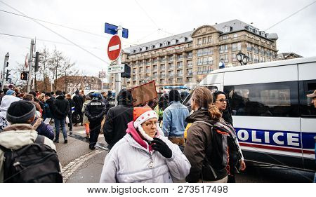 Strasbourg, France - Dec 8, 2018: Police Surveilling The Entrance To Strasbourg Christmas Market Nea