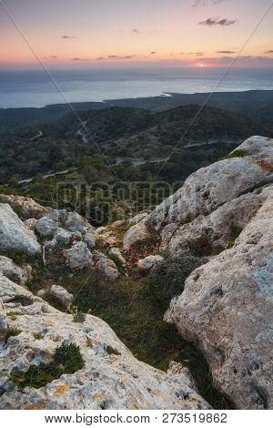 Sun Setting Behind Mediterranean Sea At Akamas, Cyprus. Hdr Landscape Shot.